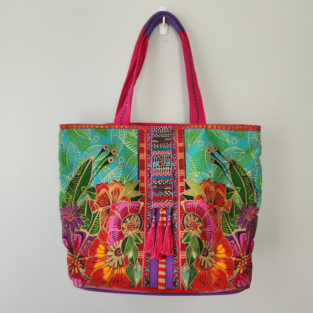 Laurel Burch Flora Floral Tote Bag Women XLarge Green Pink Floral Weekender Boho
